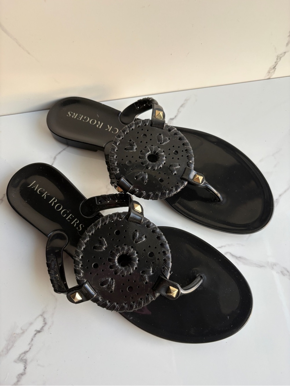 Jack Rogers sz 7 Georgica Black Flexible Jelly Thong Flip Flop Sandal Slide